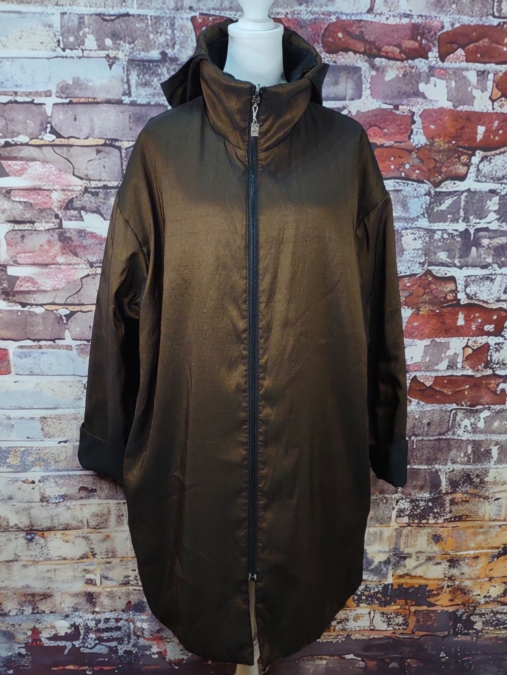 Mycra Pac Reversible Bronze/Black Zip-Front Coat w/ Hood
